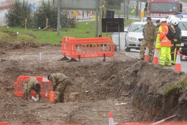 Massive hole on tavistock road where grenades were discovered
