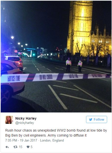 Unexploded bomb found in river thames close to houses of parliament