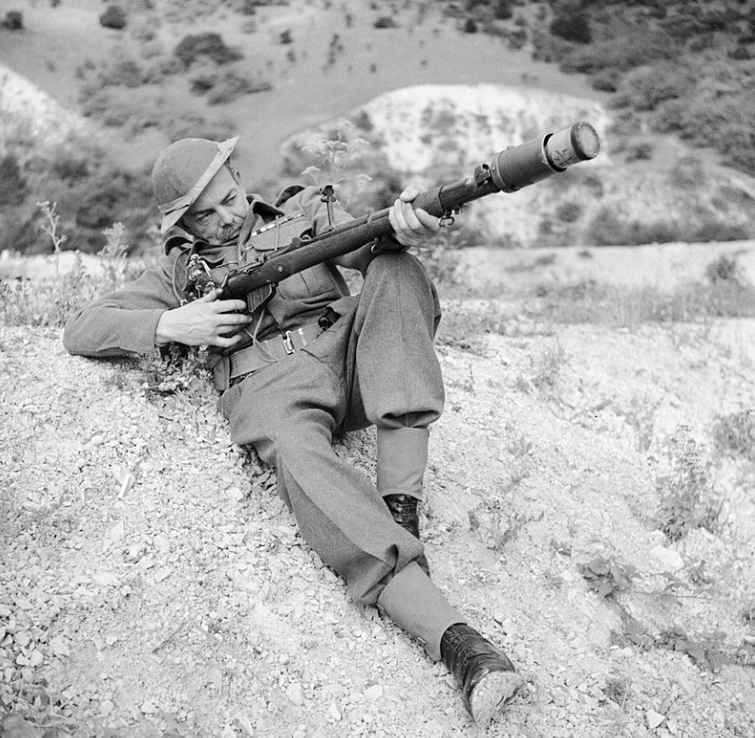 A member of the home guard prepares to fire a no. 68 rifle grenade.